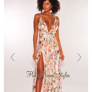 NEW! White Satin Floral Print Double Slit Maxi Dress